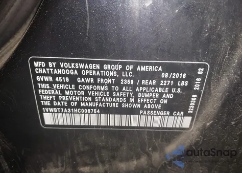 2017 Volkswagen Passat 1.8T Se из США, поврежденный, VIN 1VWBT7A31HC006754